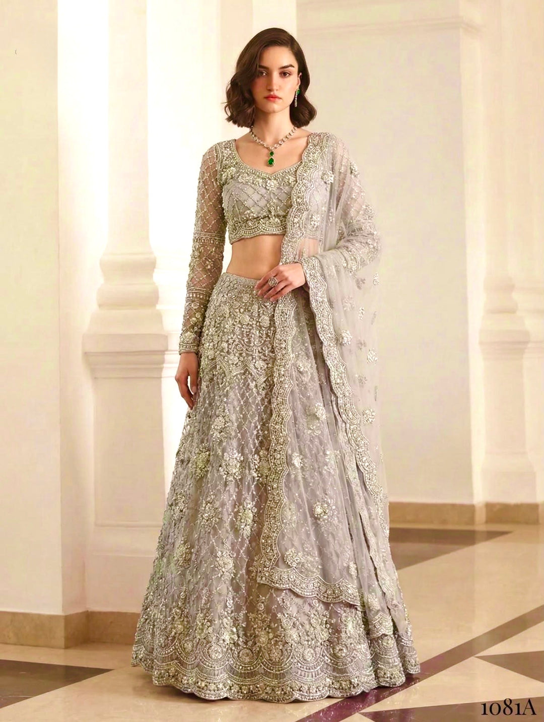 FESTIVE GLAMOUR | DESIGNER LEHENGA- Butterfly Net Fabric- Grey