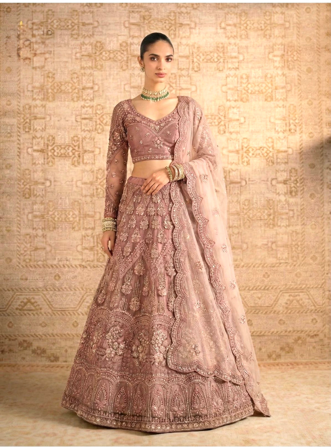 FESTIVE GLAMOUR | DESIGNER LEHENGA- Butterfly Net Fabric- Peach