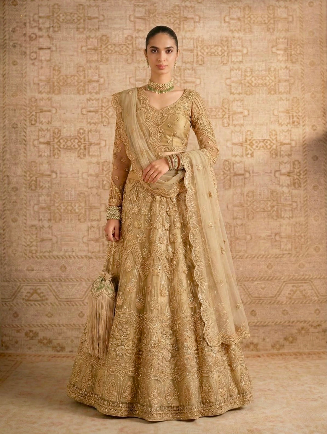 FESTIVE GLAMOUR | DESIGNER LEHENGA- Butterfly Net Fabric- Gold