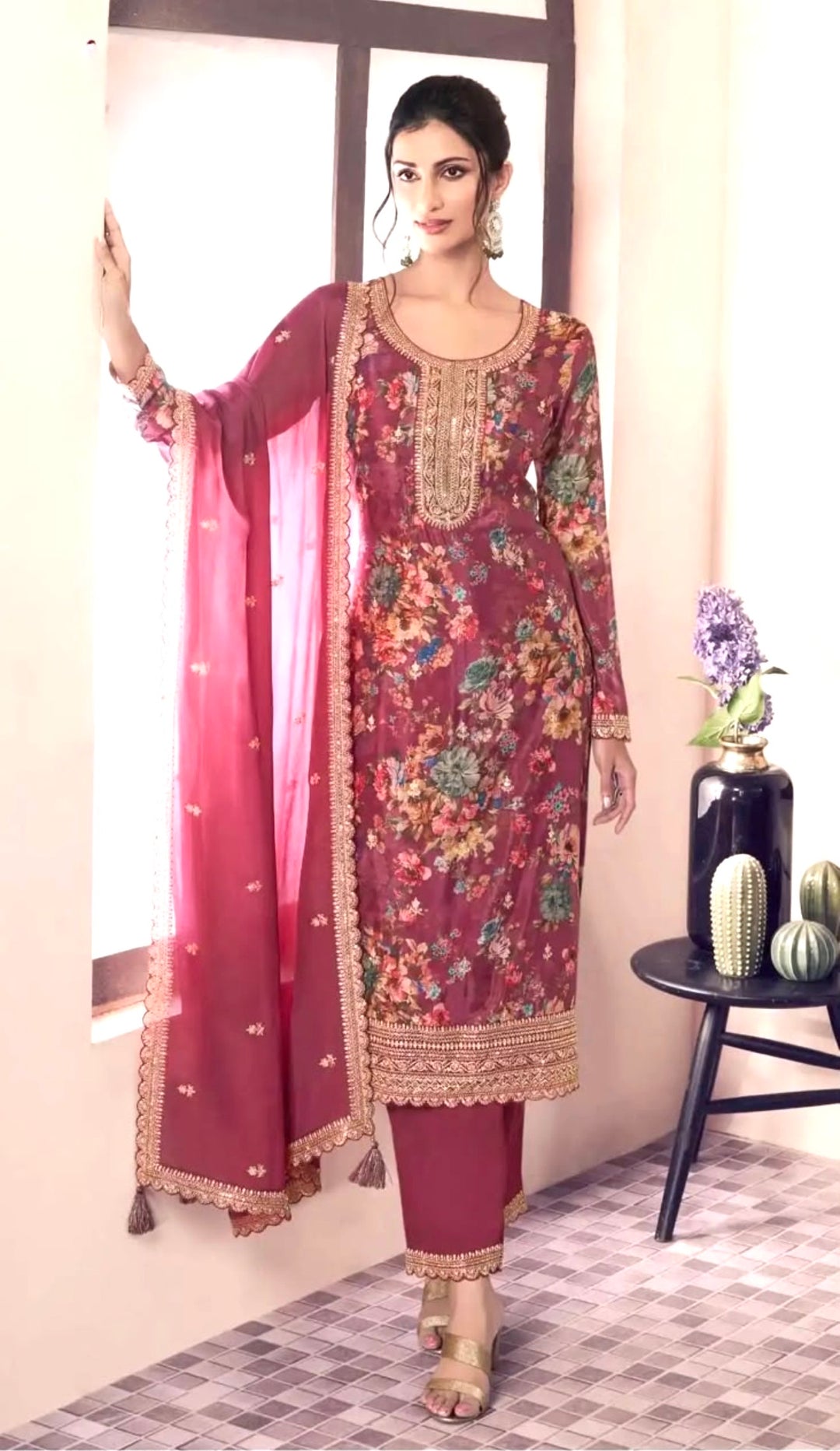 FESTIVE ELEGANCE | DESIGNER KAMEEZ and PANT SET - KPDP- Brick Red
