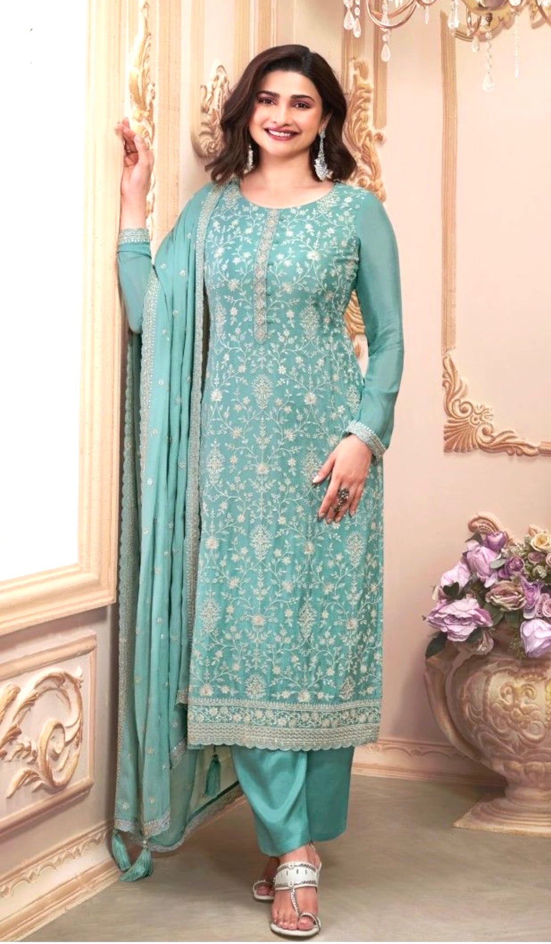 ELEGANT THREAD-EMBROIDERED SALWAR KAMEEZ - VS- Pista Green