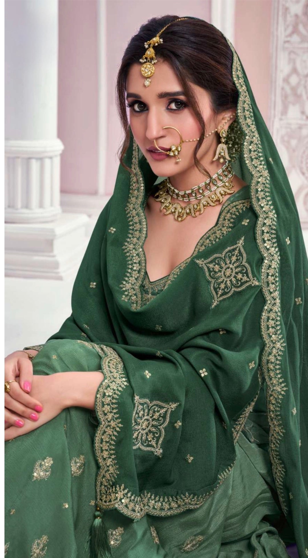 HEAVY EMBROIDERED SHARARA–GHARARA SET- Bottle Green