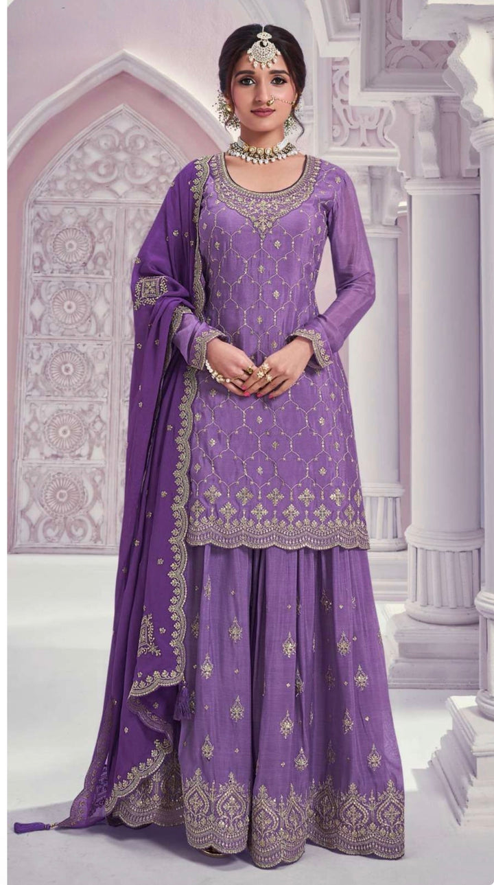 HEAVY EMBROIDERED SHARARA–GHARARA SET- Purple