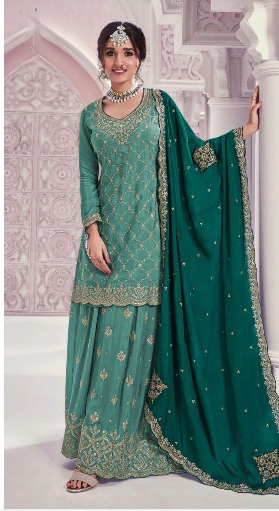 HEAVY EMBROIDERED SHARARA–GHARARA SET- Pista Green