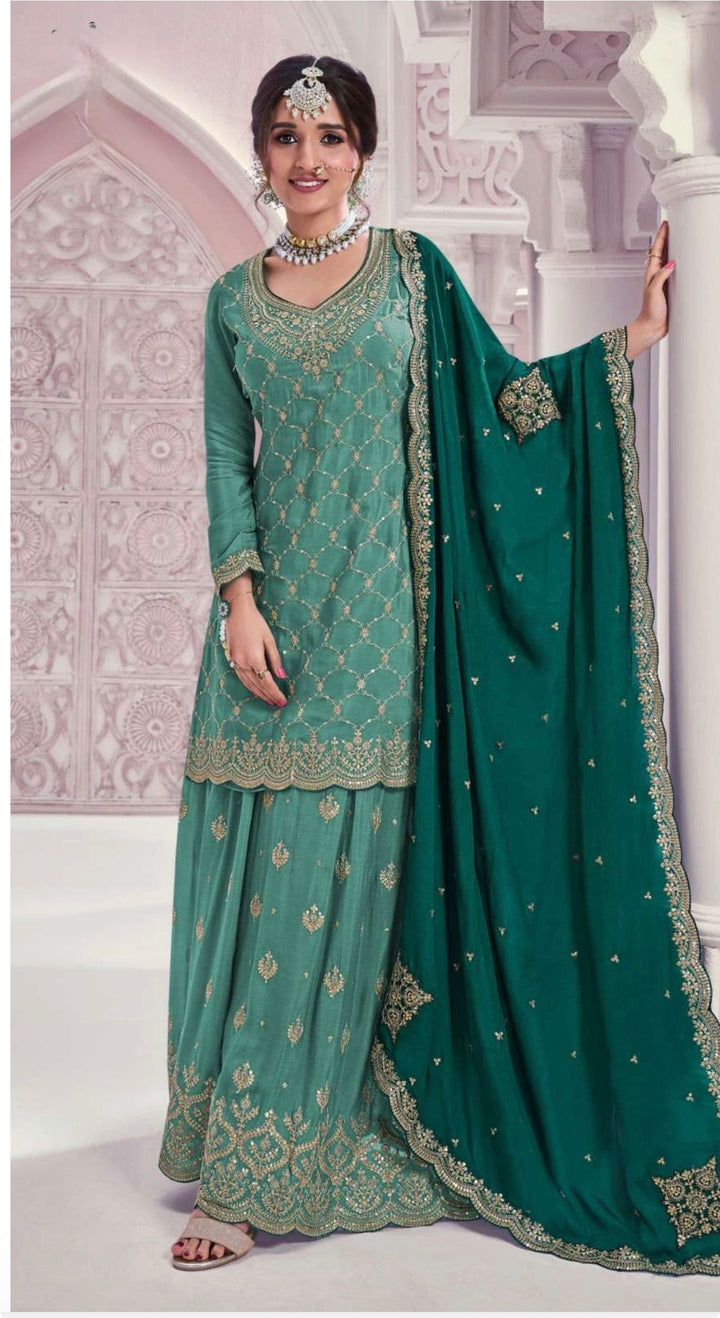 HEAVY EMBROIDERED SHARARA–GHARARA SET- Pista Green