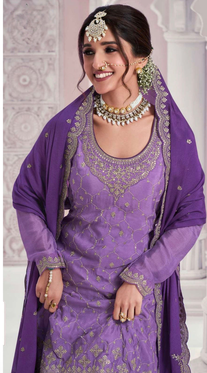 HEAVY EMBROIDERED SHARARA–GHARARA SET- Purple