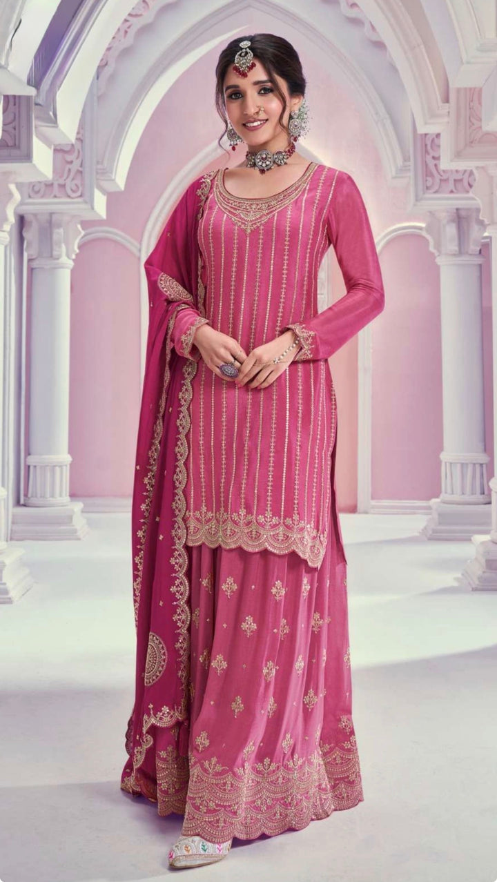HEAVY EMBROIDERED SHARARA–GHARARA SET- Pink