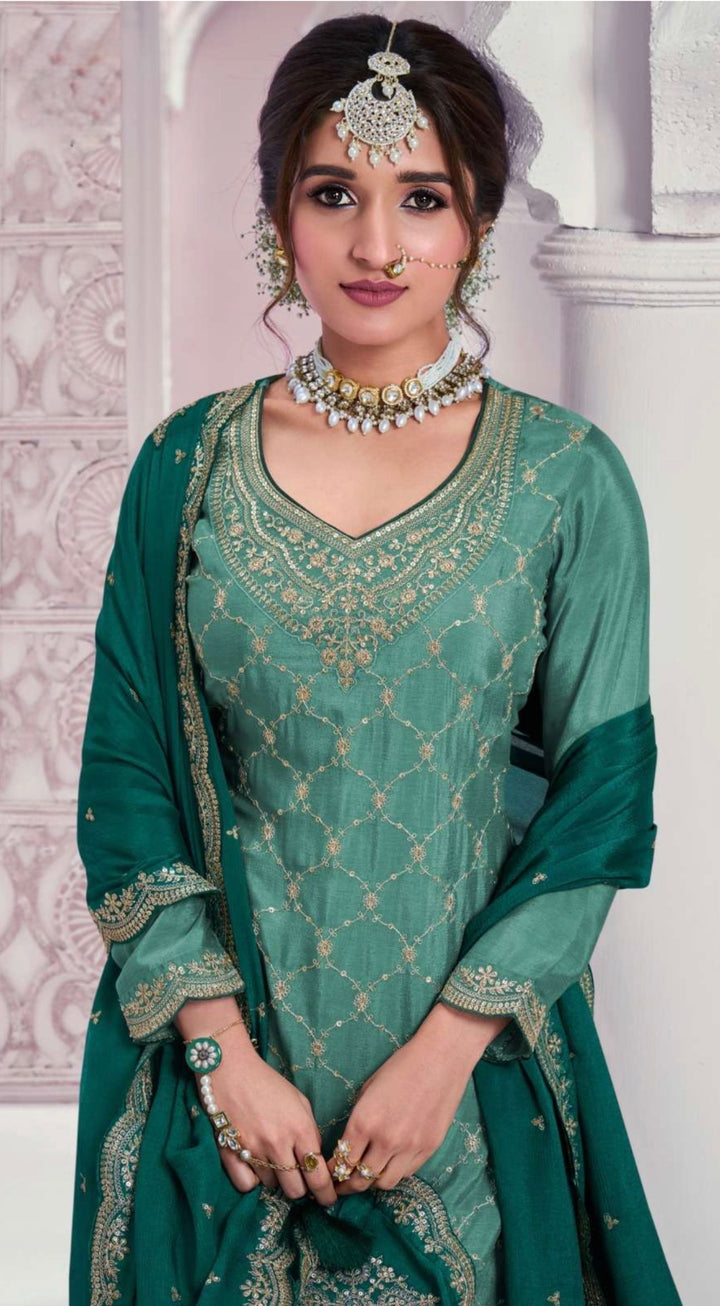HEAVY EMBROIDERED SHARARA–GHARARA SET- Pista Green