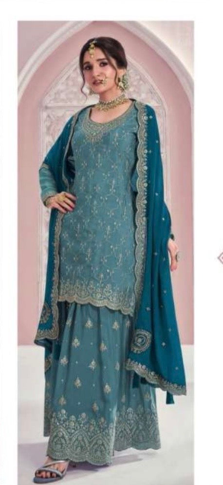 HEAVY EMBROIDERED SHARARA–GHARARA SET- Blue