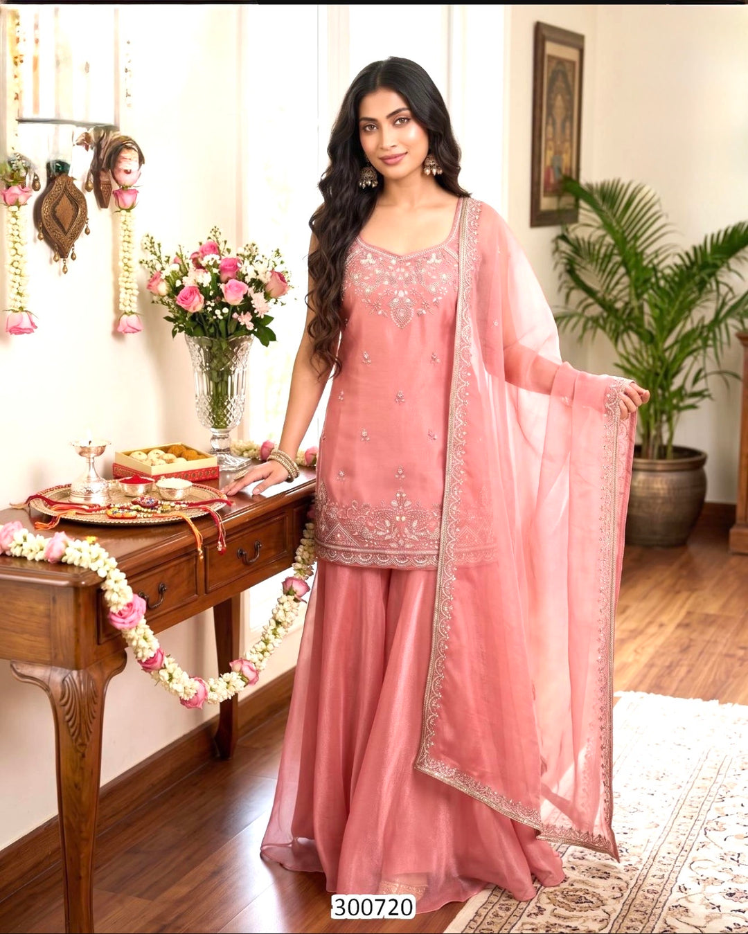 GORGEOUS 3-PIECE INDO-WESTERN ENSEMBLE- Salsa Shimmer Silk- RFH- Brick Red