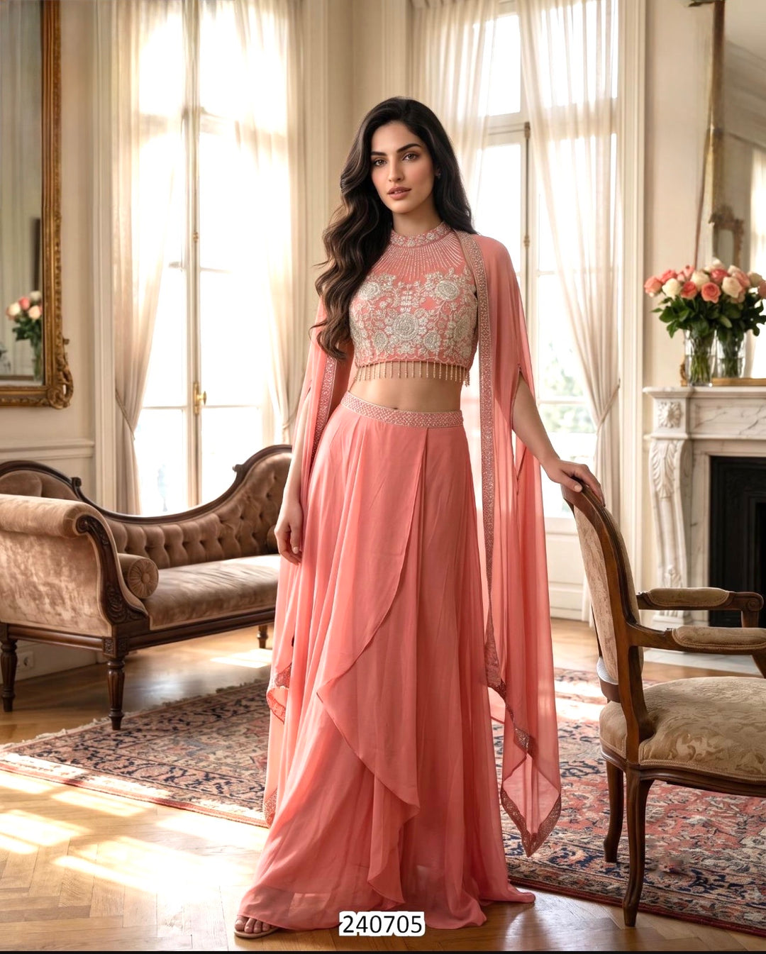 STUNNING 3-PIECE INDO-WESTERN OUTFIT- RFH- Peach Pink