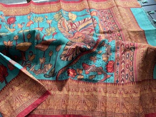 Kalamkari Saree- Red-Aqua blue