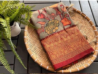 Kalamkari Saree- Red-Light brown