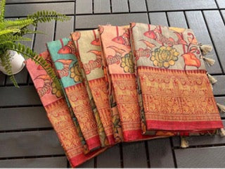 Kalamkari Saree- Red-Aqua blue