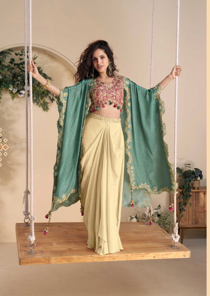 Premium Chinon Silk Ensemble – Embroidered Shrug & Dhoti Style Plazzo- SW-  Pink - Green Floral
