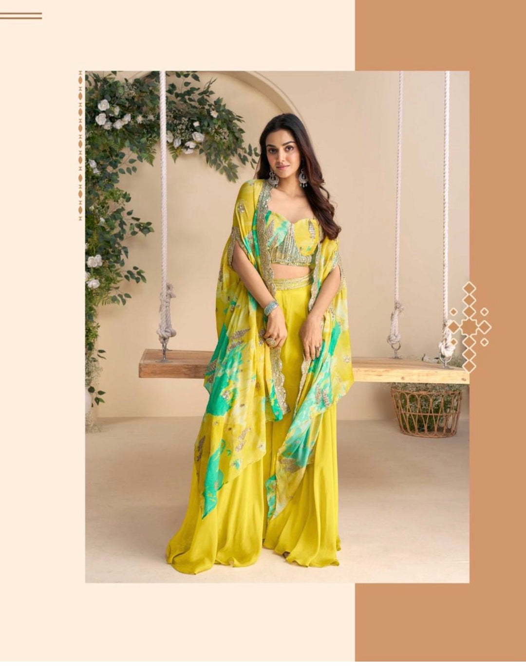 Premium Chinon Silk Ensemble – Embroidered Shrug & Plazzo- SW-  Mustard Yellow-Lime Green