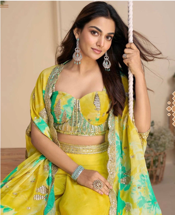 Premium Chinon Silk Ensemble – Embroidered Shrug & Plazzo- SW-  Mustard Yellow-Lime Green