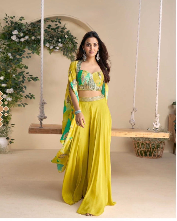 Premium Chinon Silk Ensemble – Embroidered Shrug & Plazzo- SW-  Mustard Yellow-Lime Green