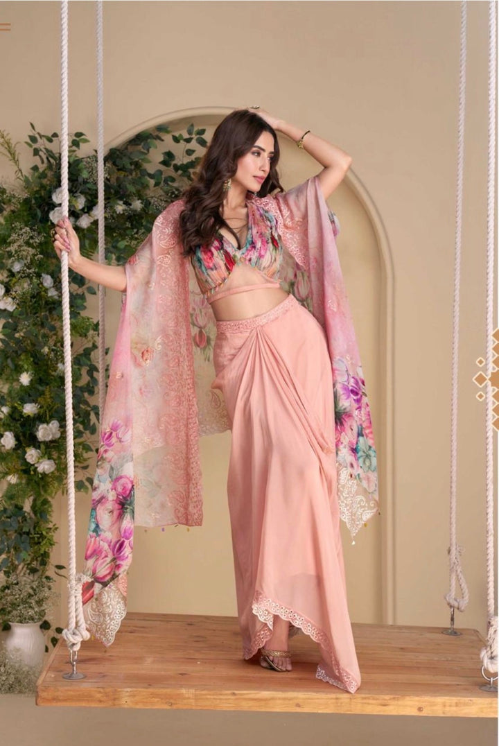 Premium Chinon Silk Ensemble – Embroidered Shrug & Dhoti Style Plazzo- SW-  Pink Floral