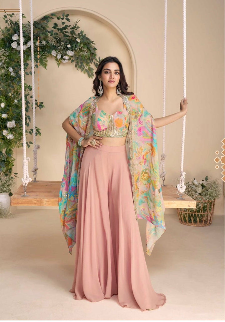 Premium Chinon Silk Ensemble – Embroidered Shrug & Plazzo- SW- Pink Floral