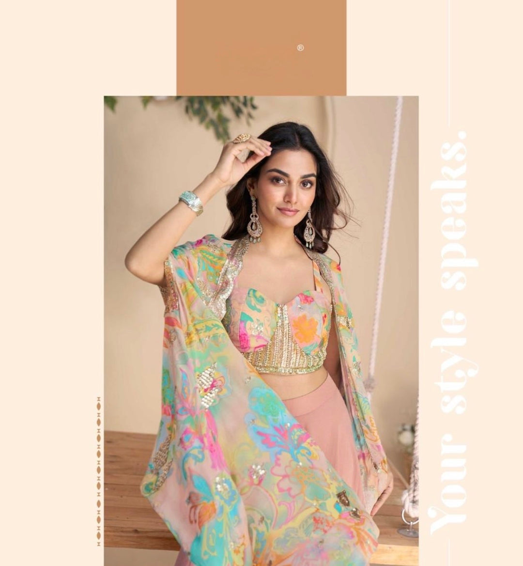 Premium Chinon Silk Ensemble – Embroidered Shrug & Plazzo- SW- Pink Floral