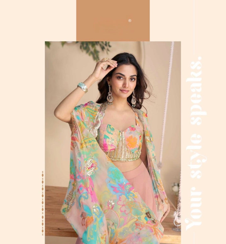 Premium Chinon Silk Ensemble – Embroidered Shrug & Plazzo- SW- Pink Floral