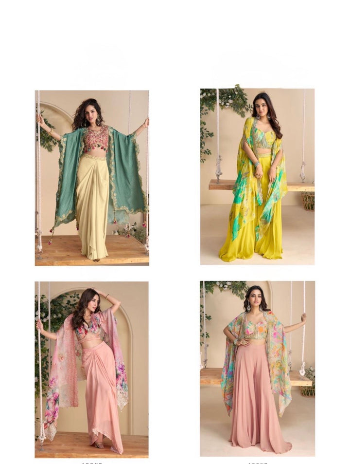 Premium Chinon Silk Ensemble – Embroidered Shrug & Plazzo- SW-  Mustard Yellow-Lime Green