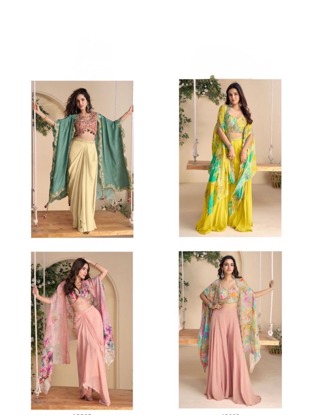 Premium Chinon Silk Ensemble – Embroidered Shrug & Dhoti Style Plazzo- SW-  Pink - Green Floral