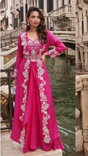 Premium Chinon Silk Ensemble – Embroidered Shrug & Dhoti Style Plazzo- SM-  Hot Pink