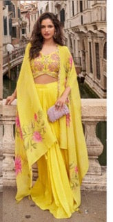 Premium Chinon Silk Ensemble – Embroidered Shrug & Dhoti Style Plazzo- SM-  Yellow Floral