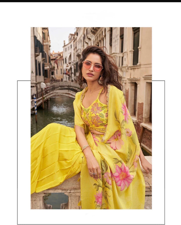Premium Chinon Silk Ensemble – Embroidered Shrug & Dhoti Style Plazzo- SM-  Yellow Floral
