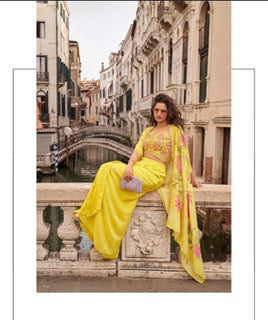 Premium Chinon Silk Ensemble – Embroidered Shrug & Dhoti Style Plazzo- SM-  Yellow Floral