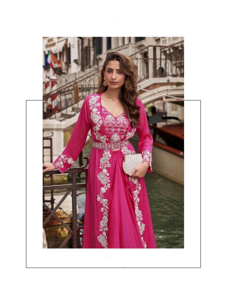Premium Chinon Silk Ensemble – Embroidered Shrug & Dhoti Style Plazzo- SM-  Hot Pink