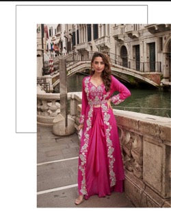Premium Chinon Silk Ensemble – Embroidered Shrug & Dhoti Style Plazzo- SM-  Hot Pink