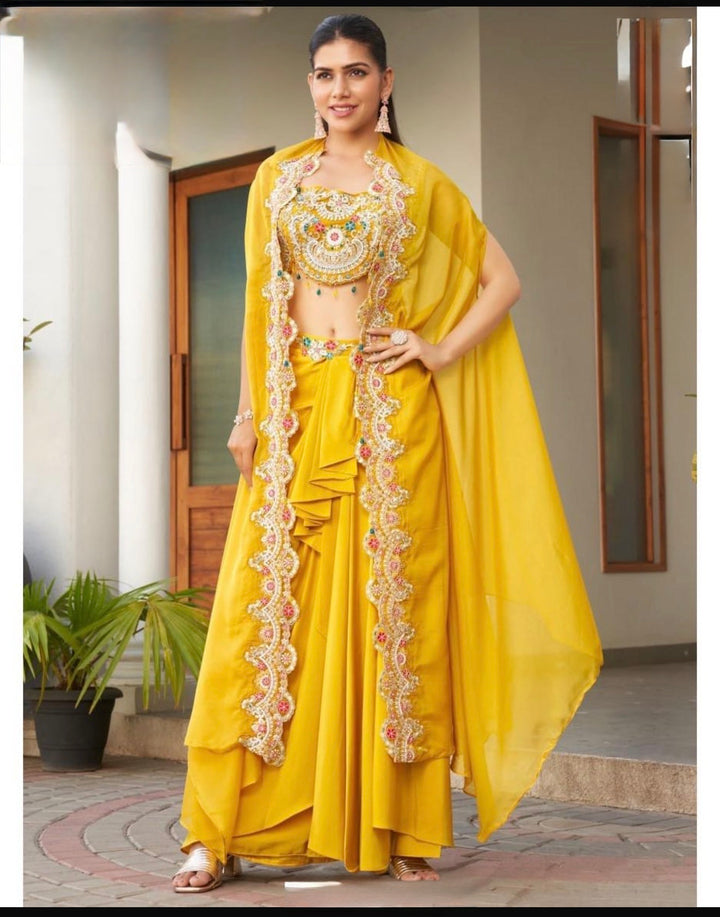 Embroidered Shrug & Dhoti Style Plazzo- RFH- Yellow