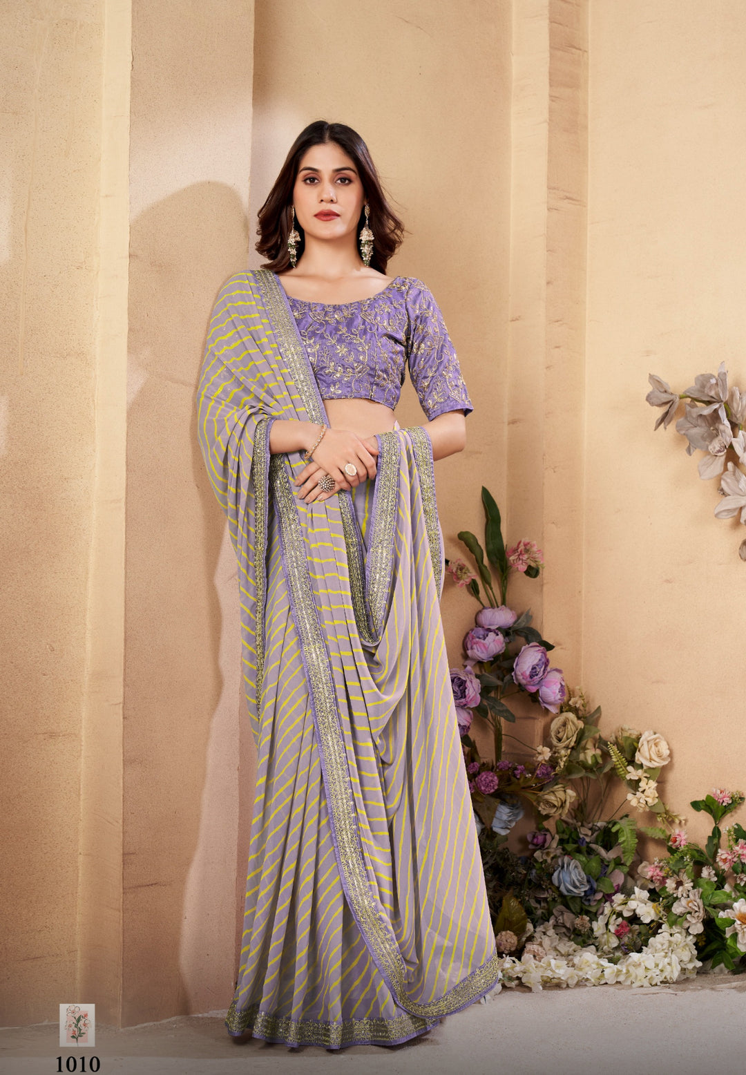 Georgette Chiffon Saree with Designer Stitched Blouse- Grey-Purple
