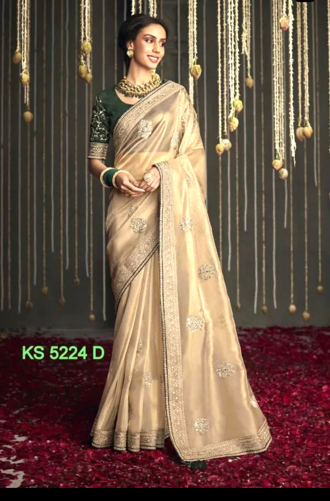 Premium Soft Tissue Silk Saree- Beige- Green