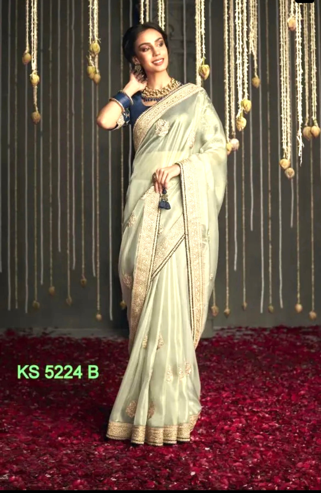 Premium Soft Tissue Silk Saree- Beige- Pista green-Blue