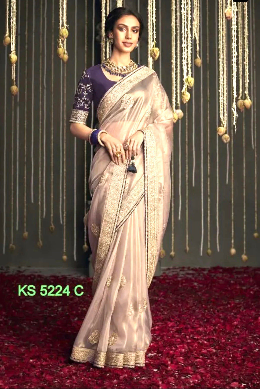 Premium Soft Tissue Silk Saree- Beige- Purple-Light Orange