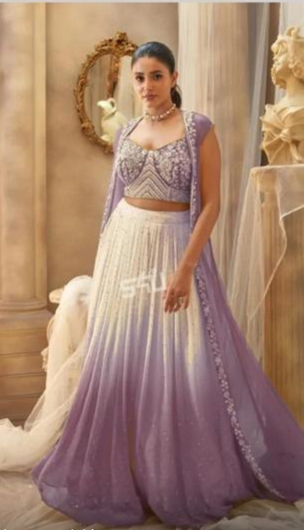 Premium Real Georgette Designer Lehenga Set with Koti- Cream-Purple