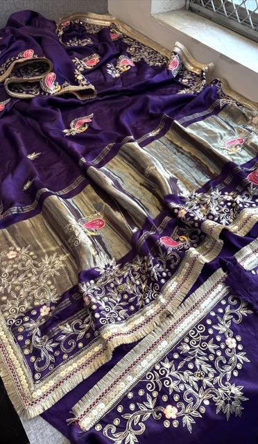 Pure Gajji Silk Banarasi Saree – Purple | Zardozi, Sequins, Pearl & Resham Hand Embellishments