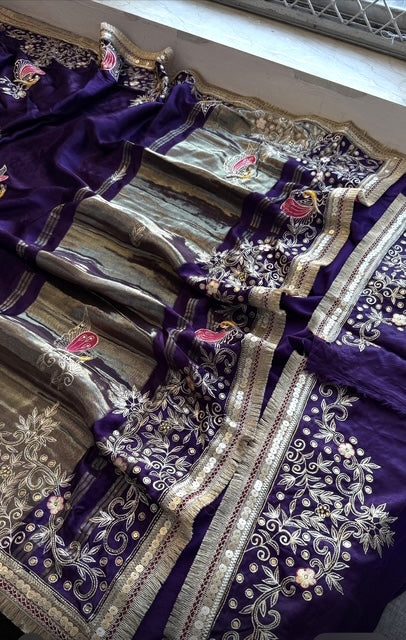 Pure Gajji Silk Banarasi Saree – Purple | Zardozi, Sequins, Pearl & Resham Hand Embellishments