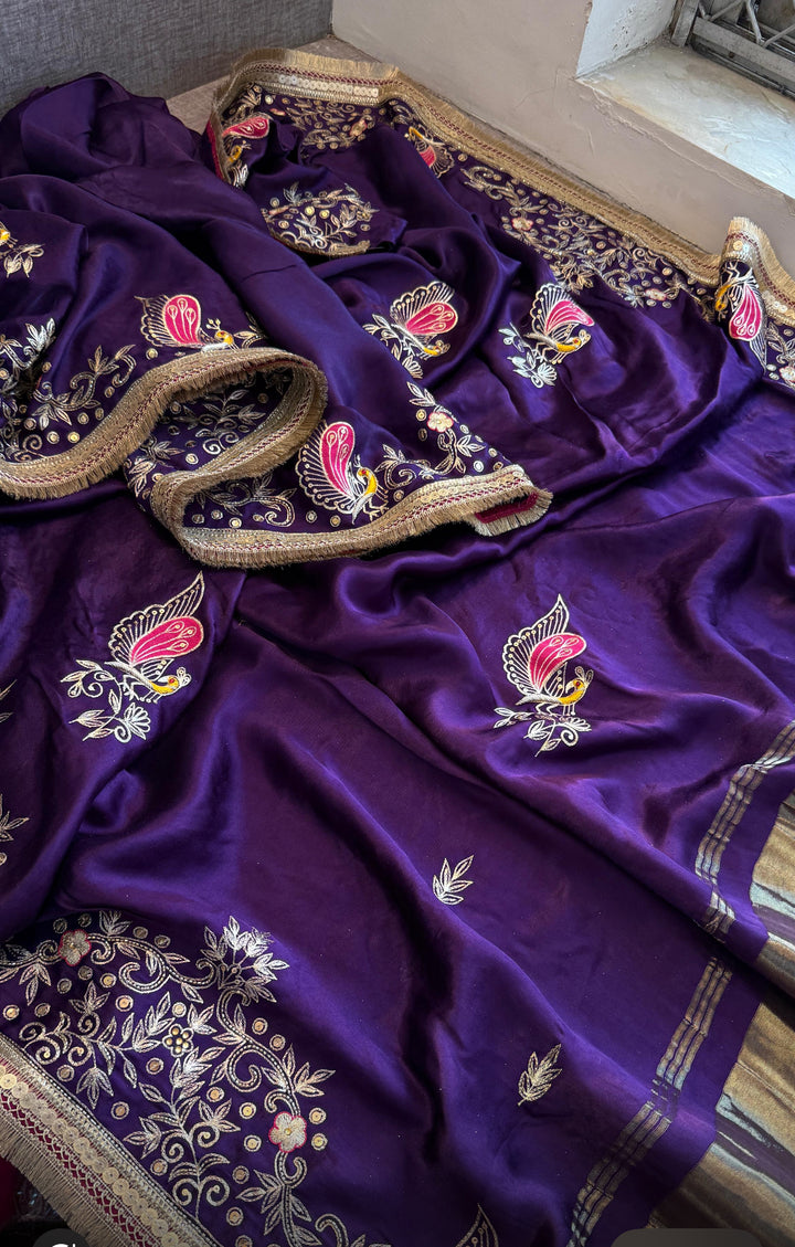 Pure Gajji Silk Banarasi Saree – Purple | Zardozi, Sequins, Pearl & Resham Hand Embellishments