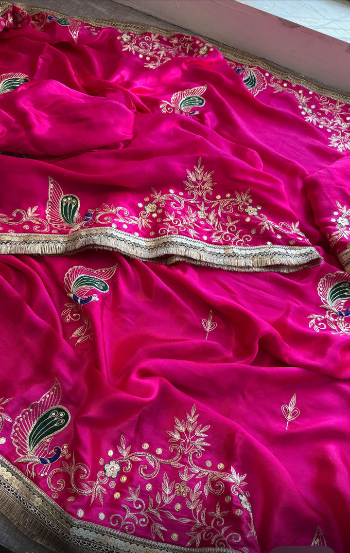 Pure Gajji Silk Banarasi Saree – Pink | Zardozi, Sequins, Pearl & Resham Hand Embellishments (Copy)