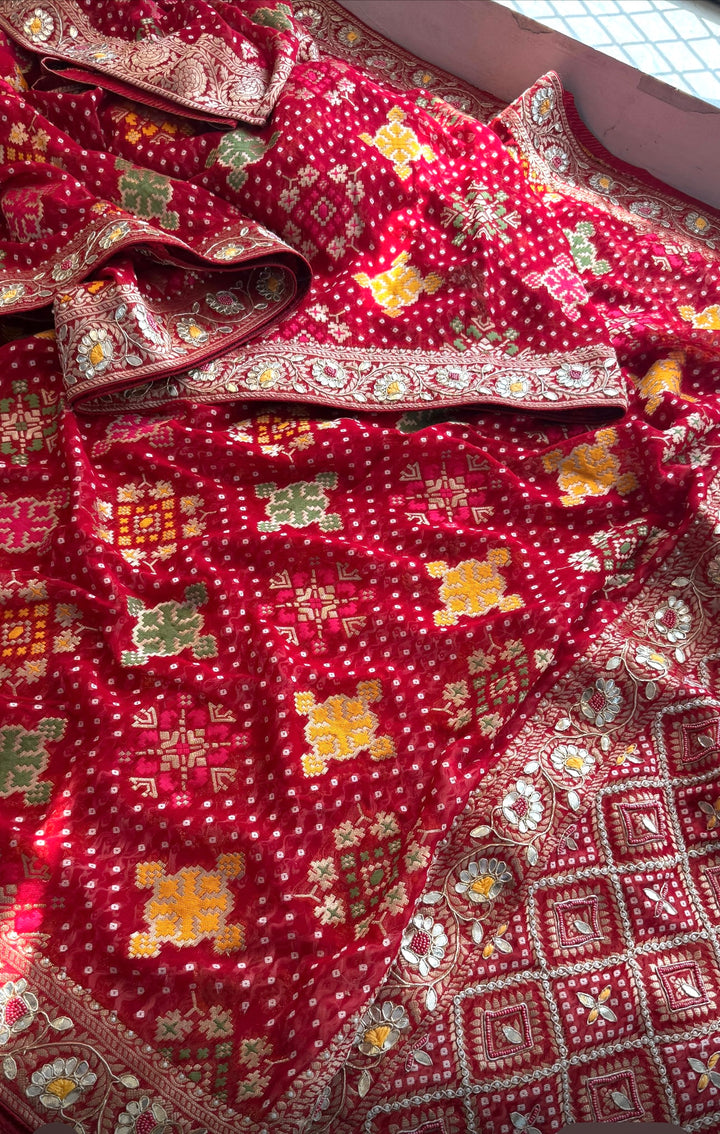 Pure Khaddi Georgette Banarasi Saree with Zardozi, Gotapatti, Pearl & Sequin Embellishments- Red