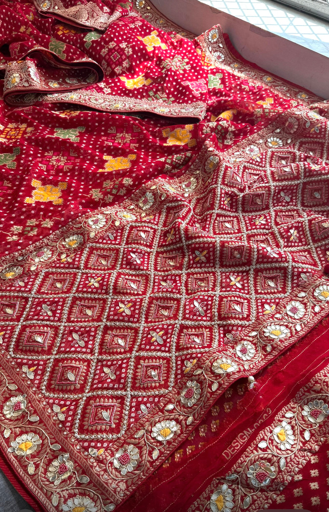 Pure Khaddi Georgette Banarasi Saree with Zardozi, Gotapatti, Pearl & Sequin Embellishments- Red