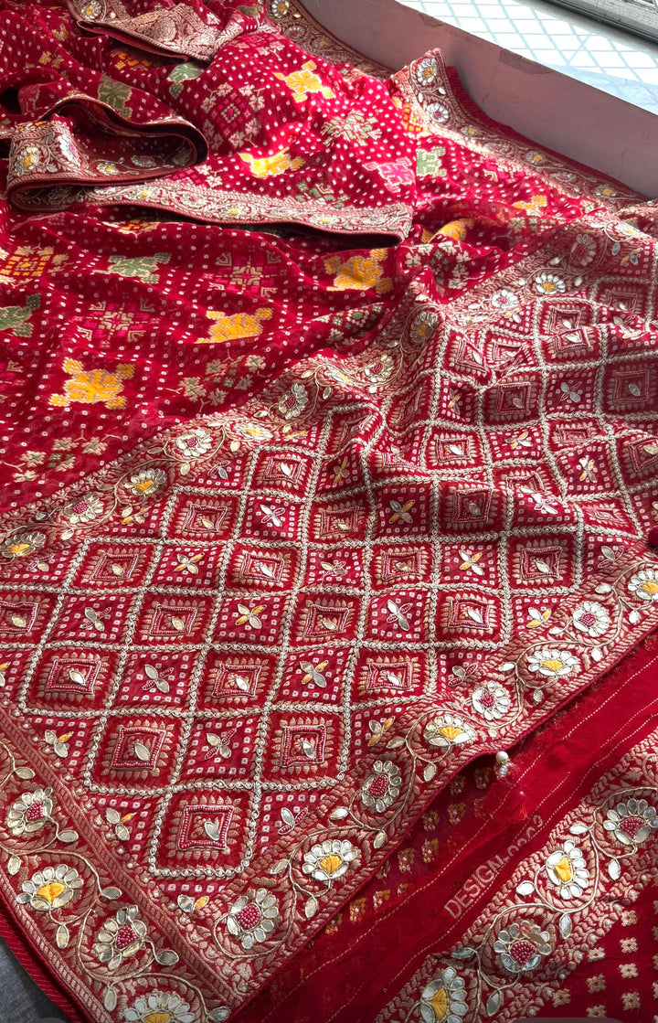 Pure Khaddi Georgette Banarasi Saree with Zardozi, Gotapatti, Pearl & Sequin Embellishments- Red
