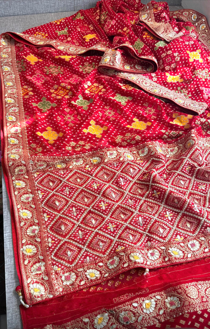 Pure Khaddi Georgette Banarasi Saree with Zardozi, Gotapatti, Pearl & Sequin Embellishments- Red