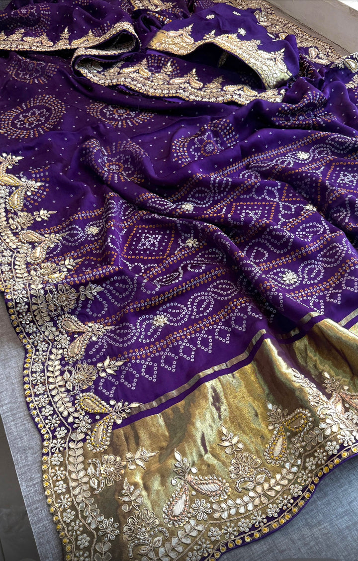 Pure Gajji Satin Bandhani Weaving Saree with Zardozi, Gotapatti, Pearl & Anchor Embellishments- Purple