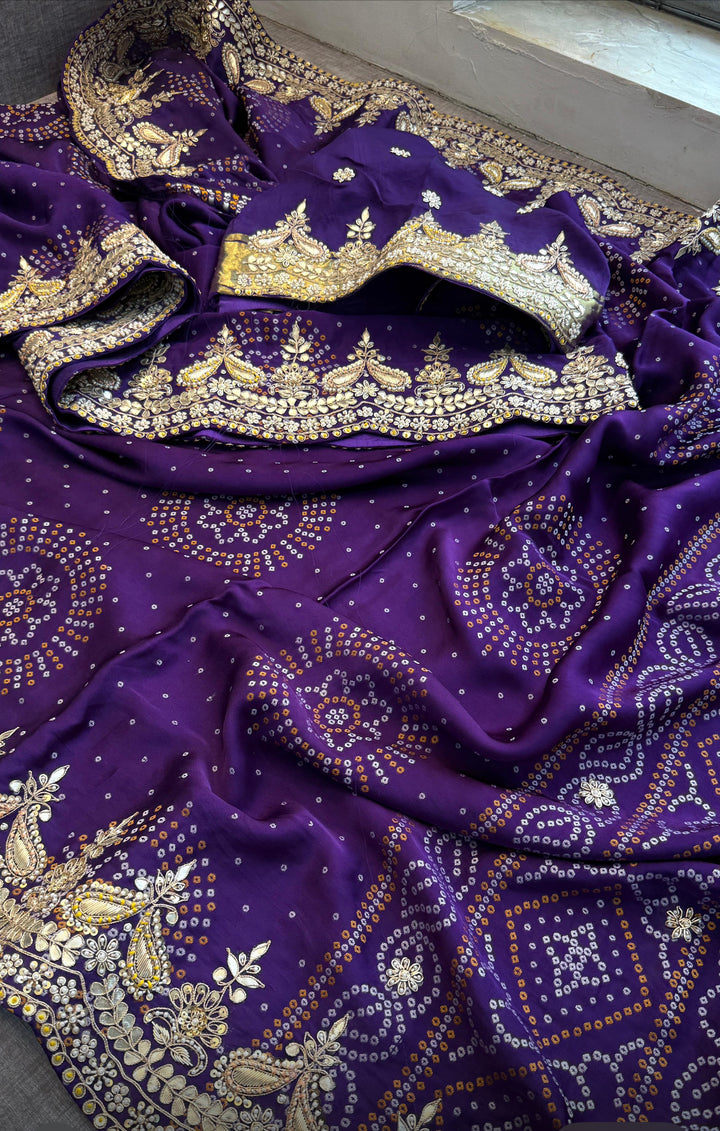 Pure Gajji Satin Bandhani Weaving Saree with Zardozi, Gotapatti, Pearl & Anchor Embellishments- Purple